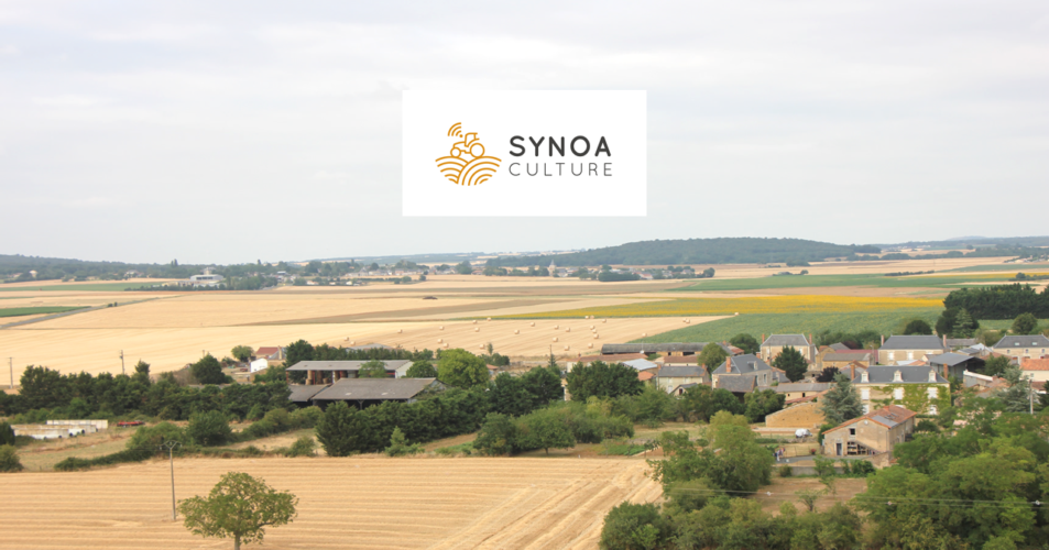 Vue drone d'un champ avec le logo Synoa