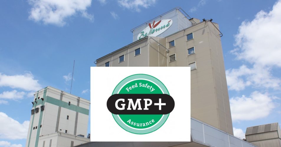 Photo avec le logo gmp+ devant l'usine Bellanné de Thouars